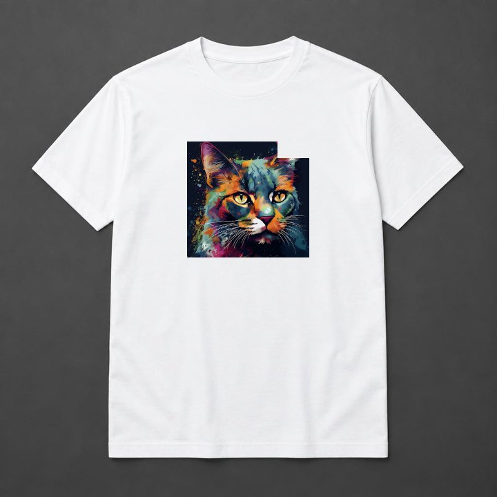 Prévia de Camiseta Gato Colorido em camiseta branca