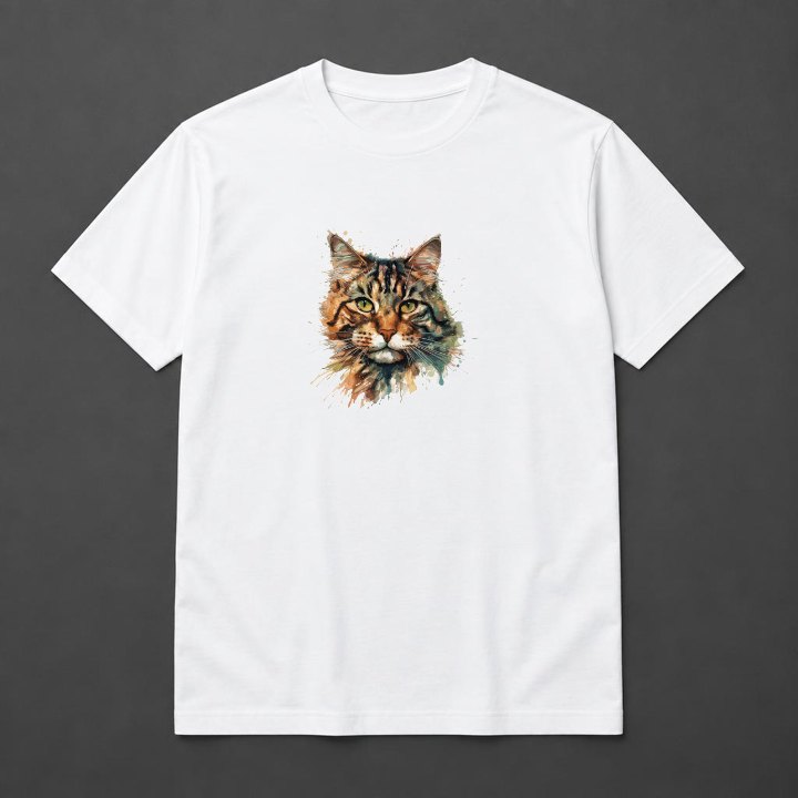 Prévia de Camiseta Gato Aquarela em camiseta branca