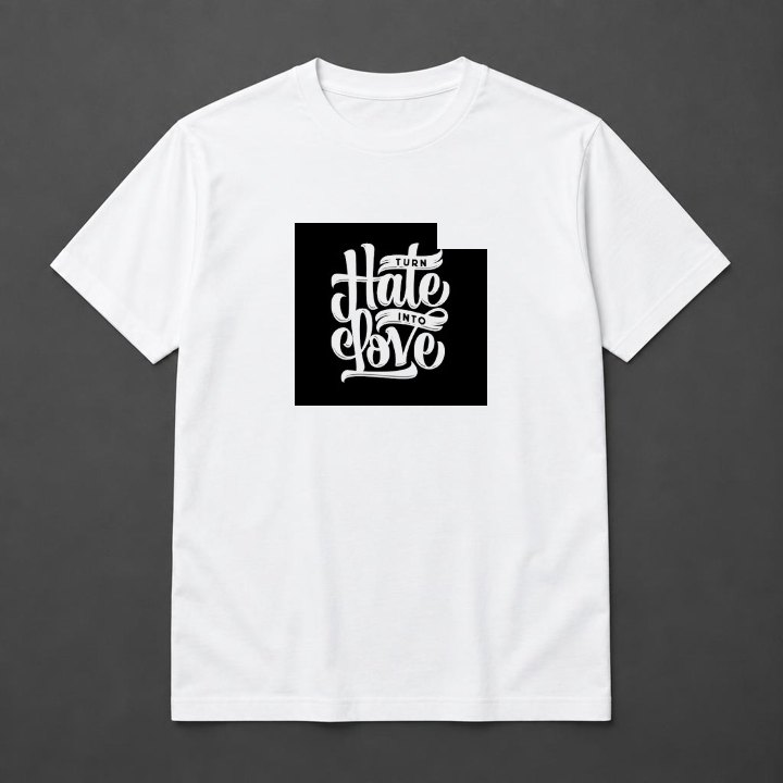 Prévia de Camiseta Turn Hate Into Love em camiseta branca